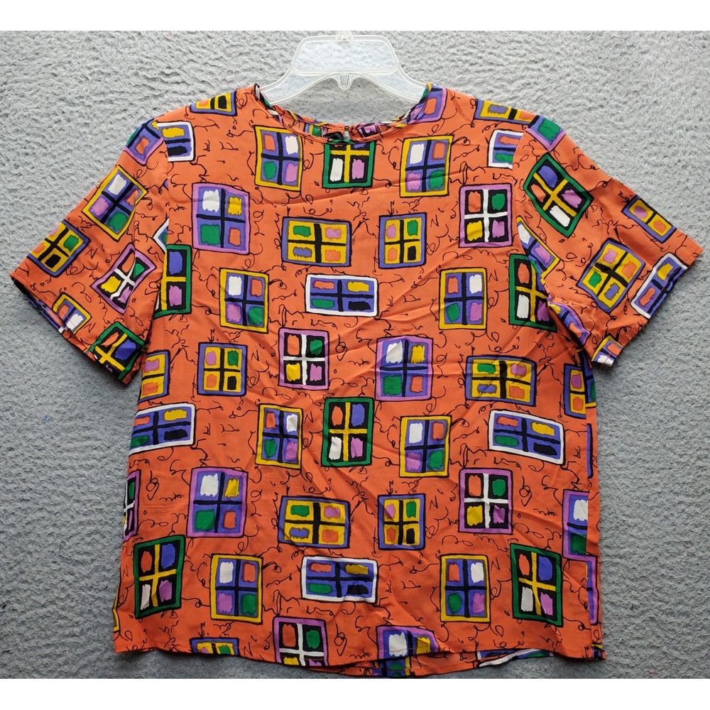 Laura & Jayne Blouse Top Womens M Multi Geo Print Silk Short Sleeve Crew Neck